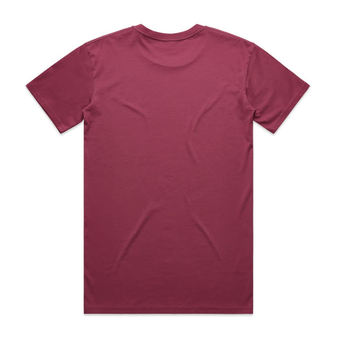 A maroon T-shirt with short sleeves, featuring a tagless back and no other visible design elements.