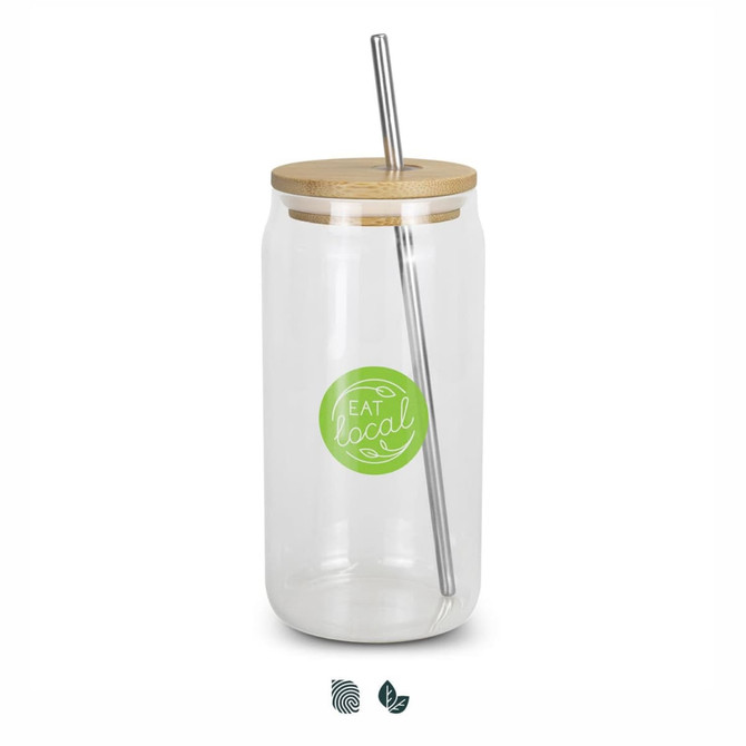 A clear glass tumbler with a bamboo lid and stainless steel straw, featuring a green logo.