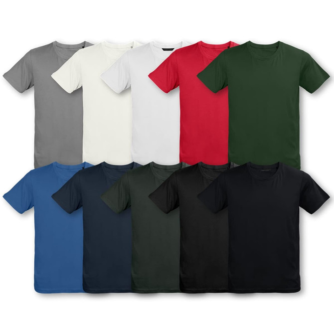 A collection of TRENDSWEAR Element Youth T-Shirts in grey, white, red, green, blue, navy, dark green, and black.