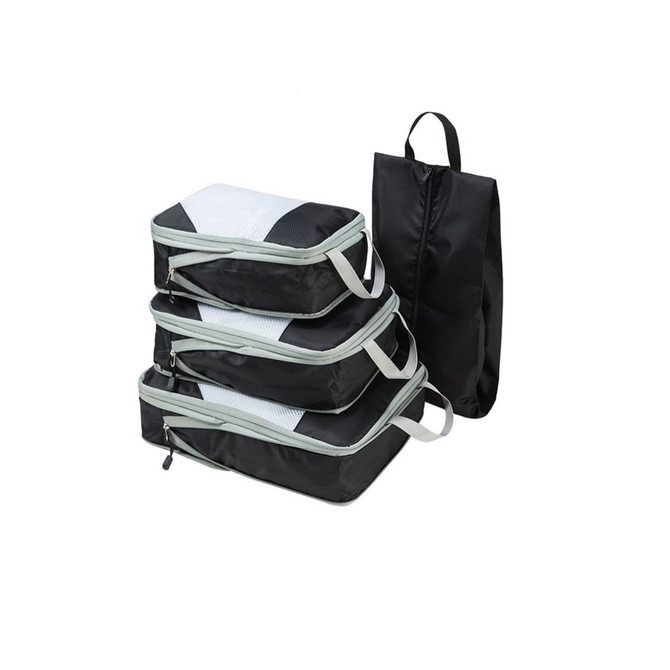 Three black packing cubes with grey accents and a black pouch, featuring handles for easy carrying.