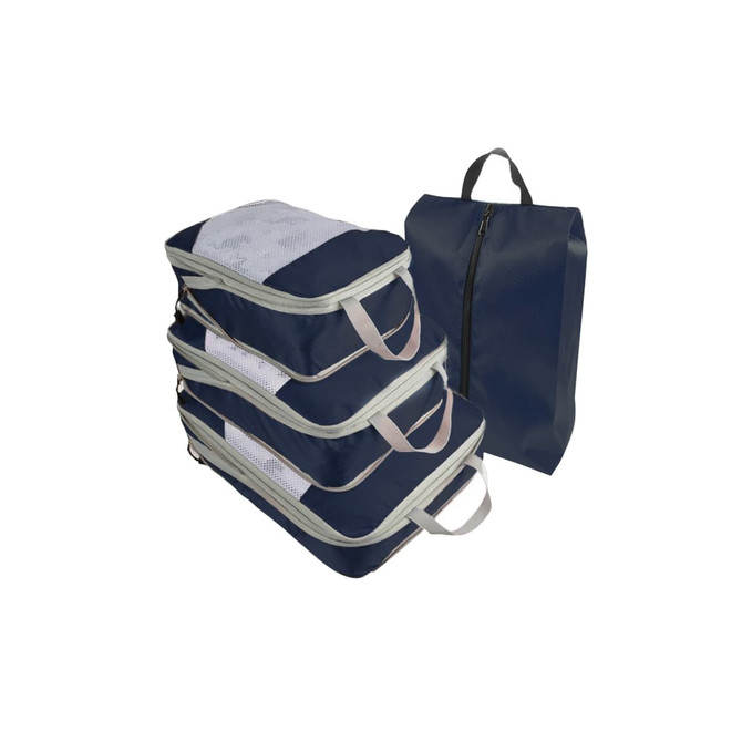 A set of navy travel packing cubes with mesh panels, featuring handles and a zippered closure.