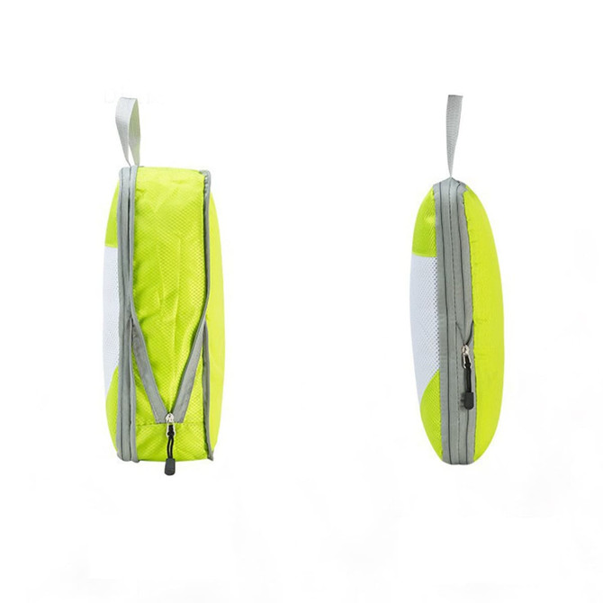 Two travel packing cubes in bright yellow with grey accents, featuring zippers and mesh sides for visibility.