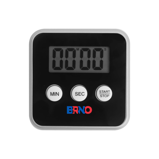 A digital kitchen timer featuring a black and silver design, with three buttons and a clear digital display.
