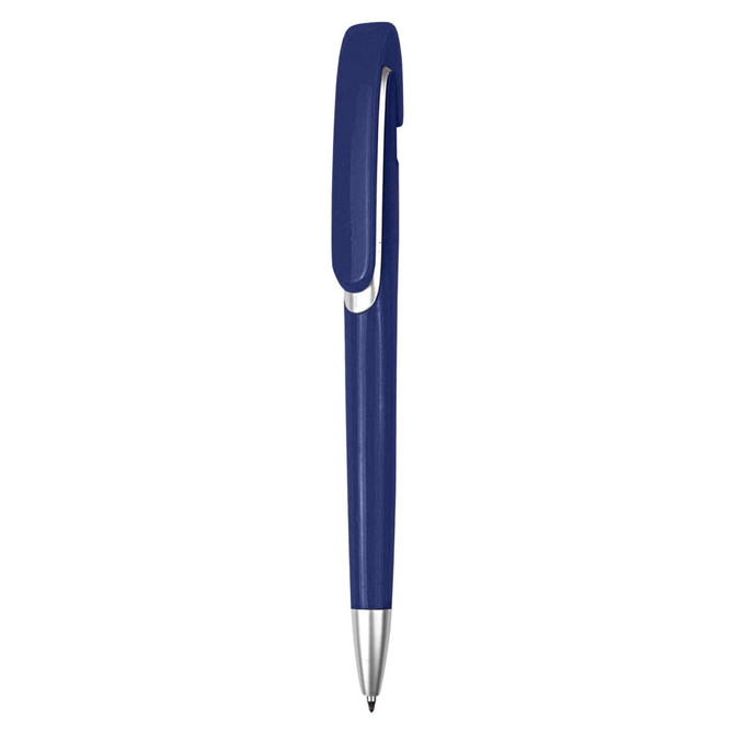 A blue plastic pen with a sleek design and a clip for easy attachment. Features a logo on the body.