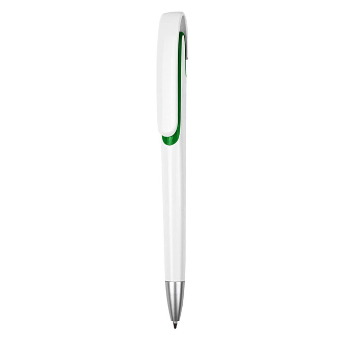 A plastic pen in white with a green accent and a silver tip. The pen has a clip and smooth design.
