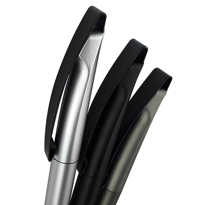 Three plastic pens in silver and black, featuring smooth designs and clips for easy attachment.