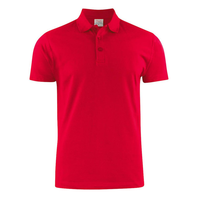 Red men's cotton polo shirt with a collar and three-button placket, featuring a logo.
