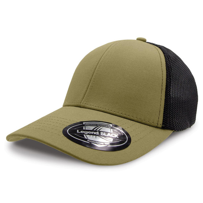 A cap with an olive green front and black mesh back, featuring a logo on the brim.