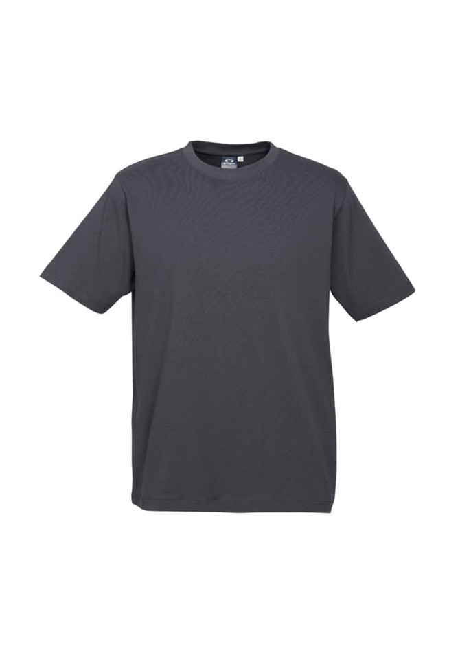 A grey short sleeve t-shirt with a round neckline and a logo on the label.