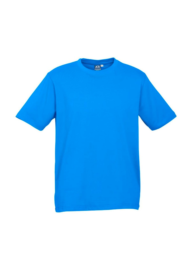 A bright blue short sleeve men's tee is displayed, featuring a classic crew neck style and a logo on the label.