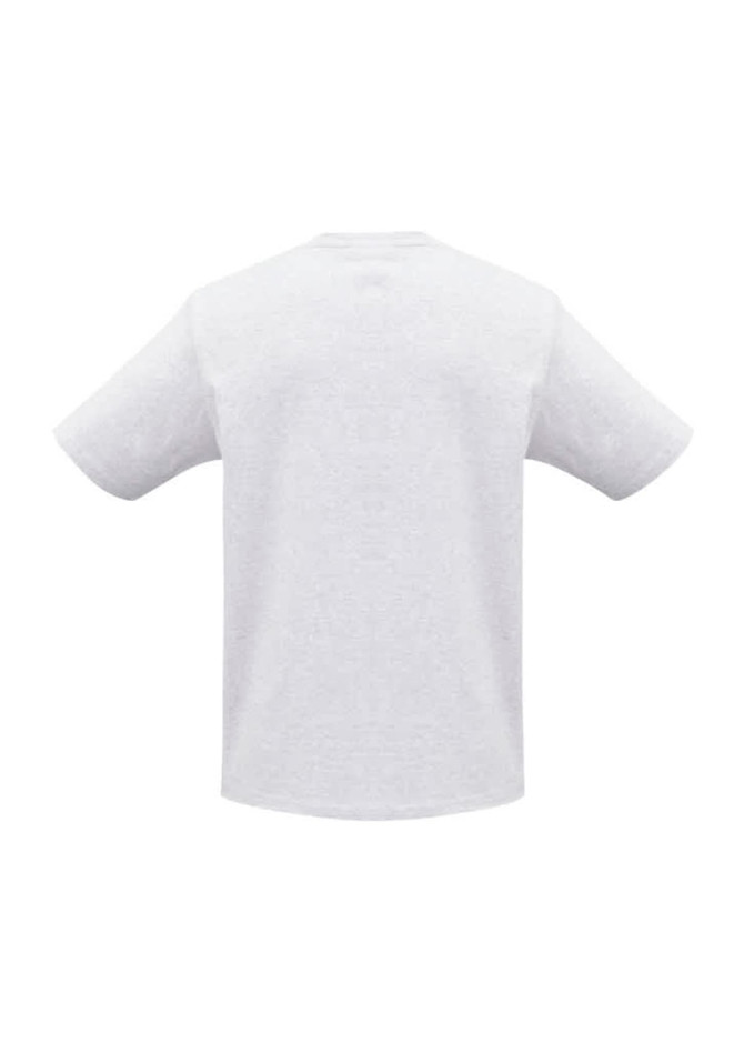 A grey short sleeve t-shirt with a loose fit, featuring a logo on the back. Ideal for casual wear.