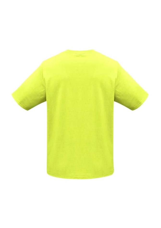 A short sleeve tee in bright yellow with a plain back and a logo on the label.