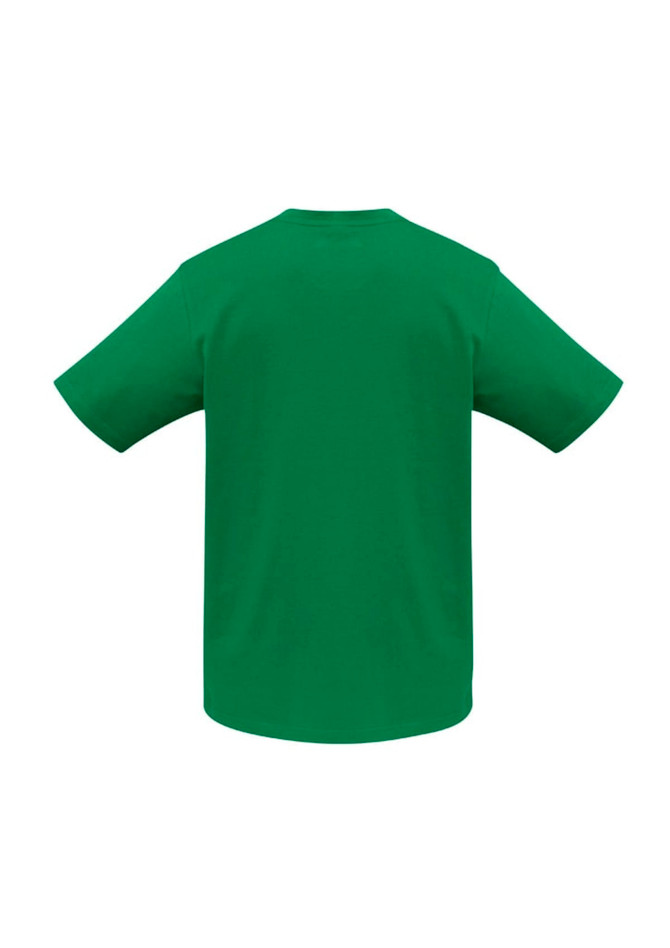 A green short sleeve tee with a round neckline and a branding logo on the back.