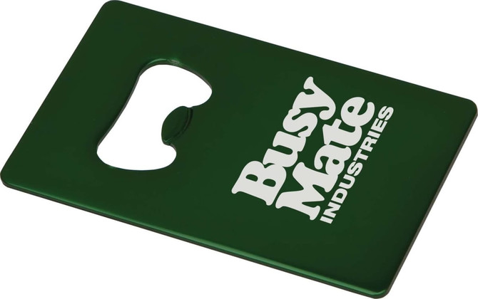 A drink bottle opener in a rectangular green design with a circular opening and a logo.
