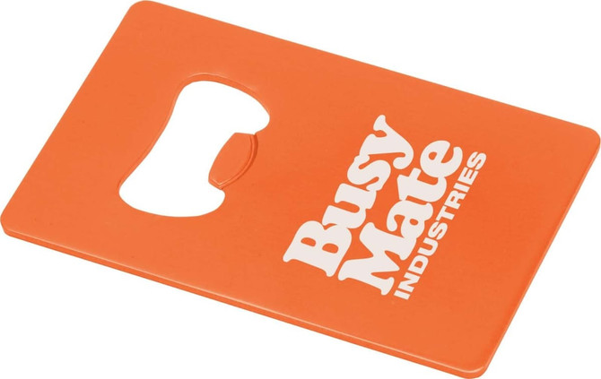 An orange bottle opener keyring with a cut-out for opening bottles and a logo.