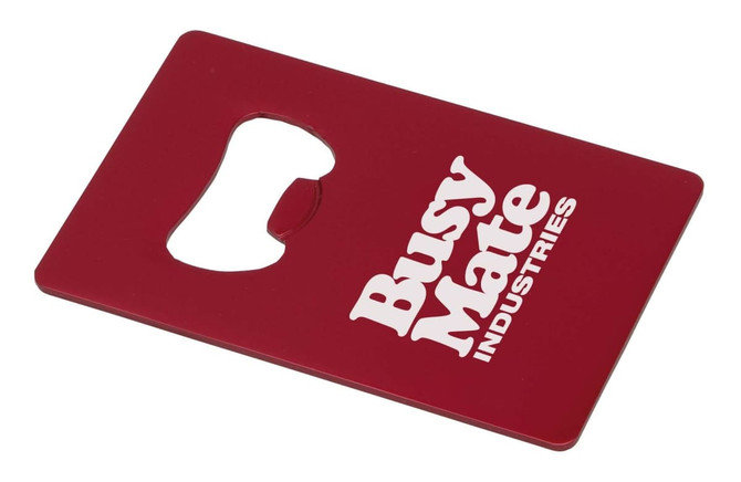 A drink bottle opener in red with a rounded cut-out and a logo. Flat design suitable for keyring attachment.