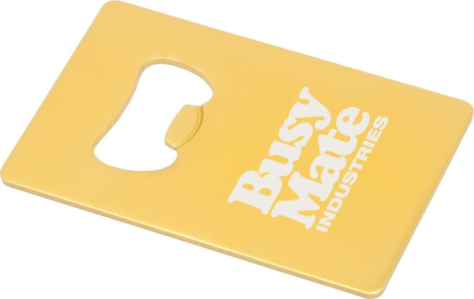 A yellow bottle opener keyring with a cut-out design and a logo.