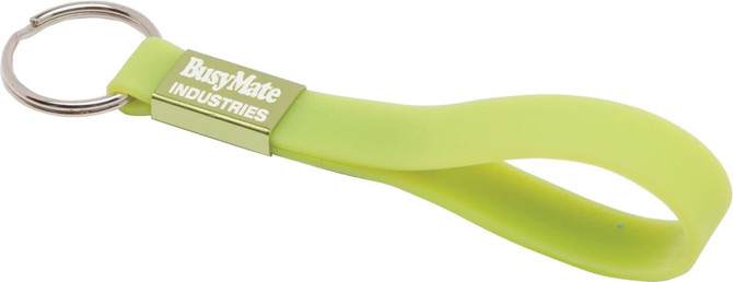 A lime-green silicone keyring with a metal keyring attachment and a logo detail.