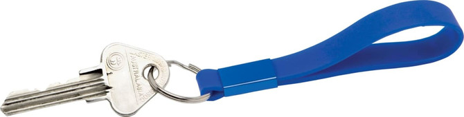 A blue silicone keyring with a loop holding a silver key, featuring a small section of solid blue.