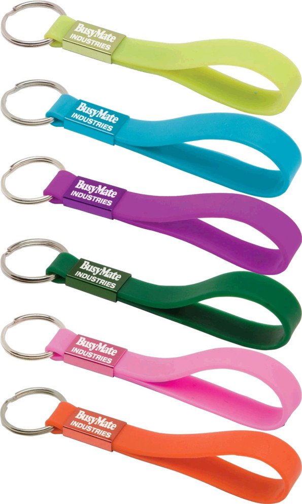 A collection of silicone sling keyrings in various bright colours, featuring a metal keyring attachment.
