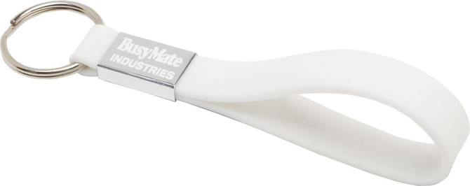 A white silicone keyring with a metal ring, featuring a logo on the metal section.