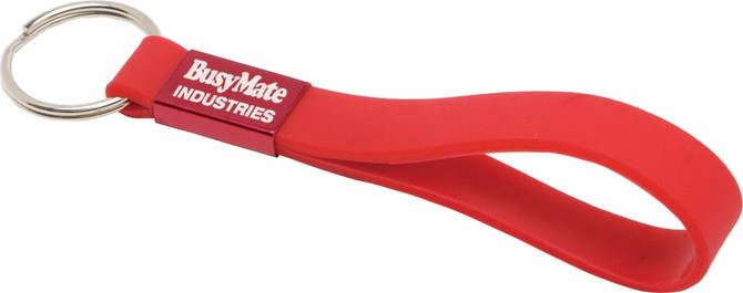 A red silicone keyring with a loop for easy attachment, featuring a branding logo.