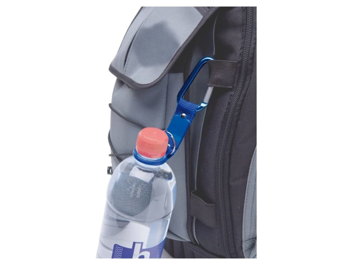 A blue keyring clip attaches to a backpack, holding a clear drink bottle with a red cap.