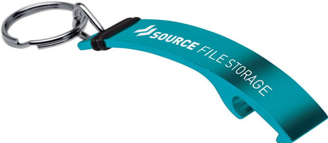 A drink bottle opener keyring in teal with a silver keyring attachment and a logo.