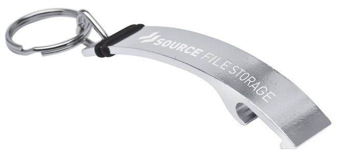 A drink bottle opener keyring in silver, featuring a logo and a keyring attachment.