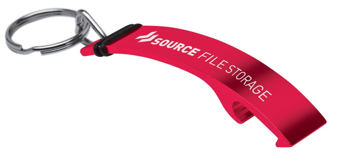 A drink bottle opener keyring in bright red, featuring a curved design and a logo.