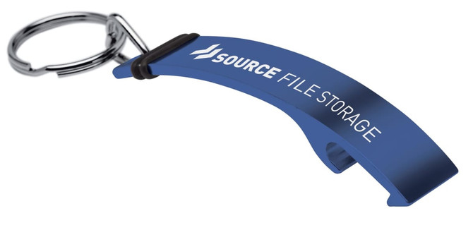 A drink bottle opener keyring in blue with a silver keyring and a logo.