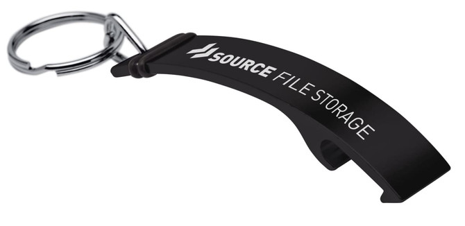 A drink bottle opener in black, designed as a keyring, featuring a logo.