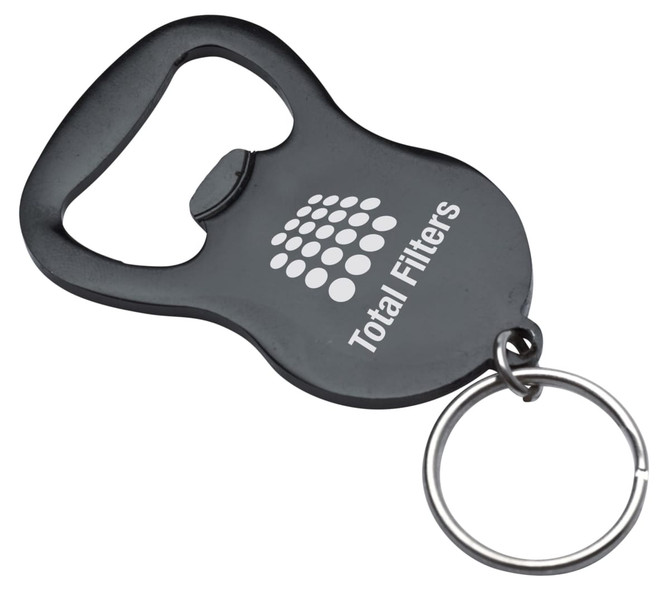A drink bottle opener in dark grey with a keyring attachment and a logo displayed prominently.