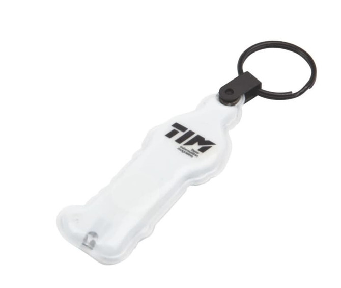 A clear keyring in a human silhouette shape, featuring a black logo and a keychain attachment.