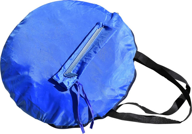 A blue round beach shelter with a zippered compartment and black straps for easy carrying.