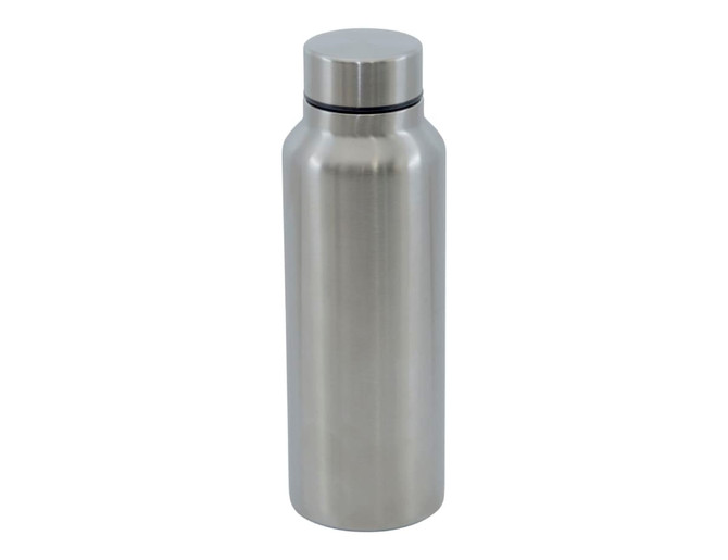 A drink bottle made of stainless steel, featuring a sleek silver finish and a round, flat cap.