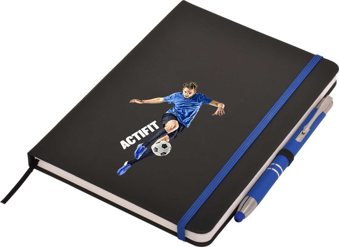 A black A5 notepad featuring a soccer player graphic, accompanied by a blue pen and elastic band.