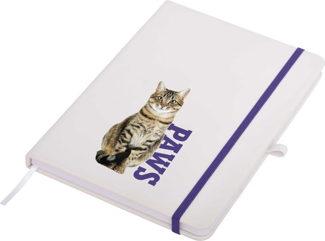 A white A5 notepad with an illustration of a cat and the word "PAWS" in purple, featuring a purple elastic band.