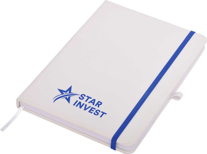 A white A5 notepad with a blue elastic band and a logo on the cover.