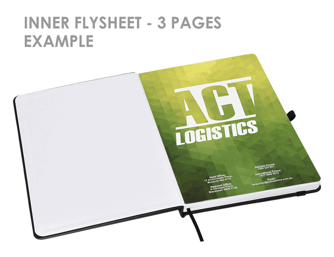 An A5 notebook with a green inner flysheet design and a black cover. It includes a ribbon bookmark. 