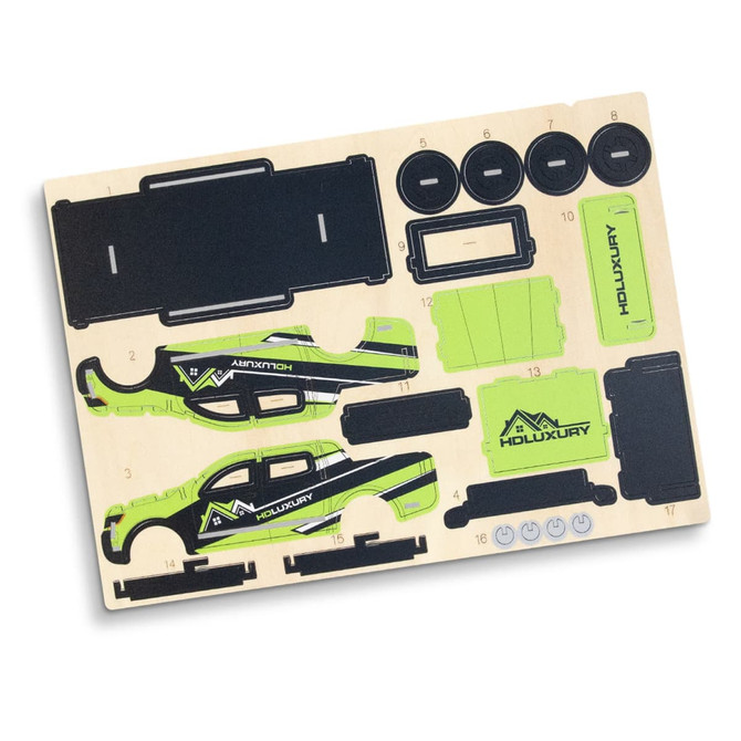 A wooden model kit featuring black and bright green pieces, including a vehicle body and various components.