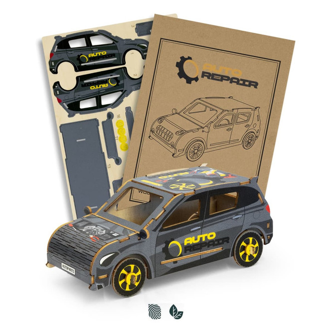 A wooden model of a hatchback car in grey and yellow, accompanied by assembly materials and a branded design.