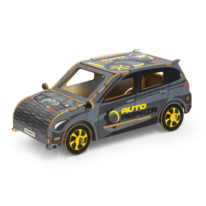 A wooden model of a hatchback car featuring black and yellow detailing, with an auto repair theme.