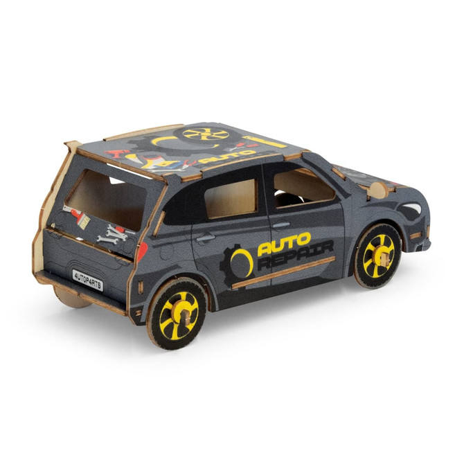 A wooden model of a hatchback car in grey, featuring yellow wheels and an automotive repair theme, with a logo.