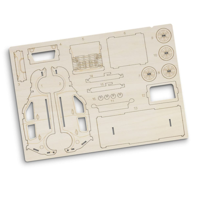A wooden model kit of a hatchback car featuring intricate cut-out pieces, awaiting assembly.