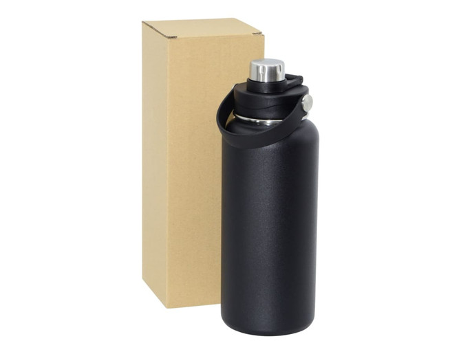 A drink bottle in black, featuring a metal cap and a carry handle, beside a plain cardboard box.