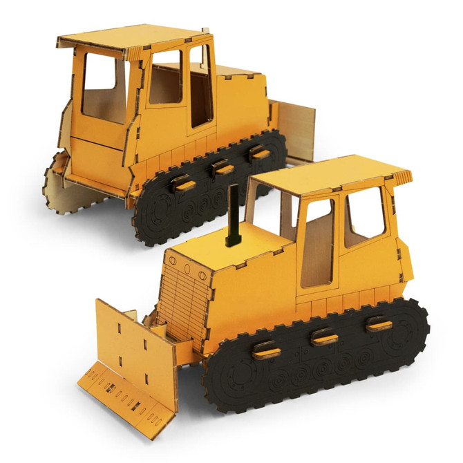 A yellow wooden bulldozer model with black tracks and a frontal blade, featuring a simplistic design.