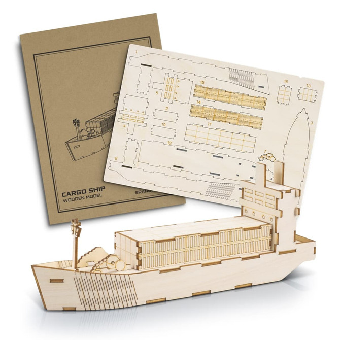 A wooden model of a cargo ship in natural colour, complete with assembly instructions and a branded packaging cover.
