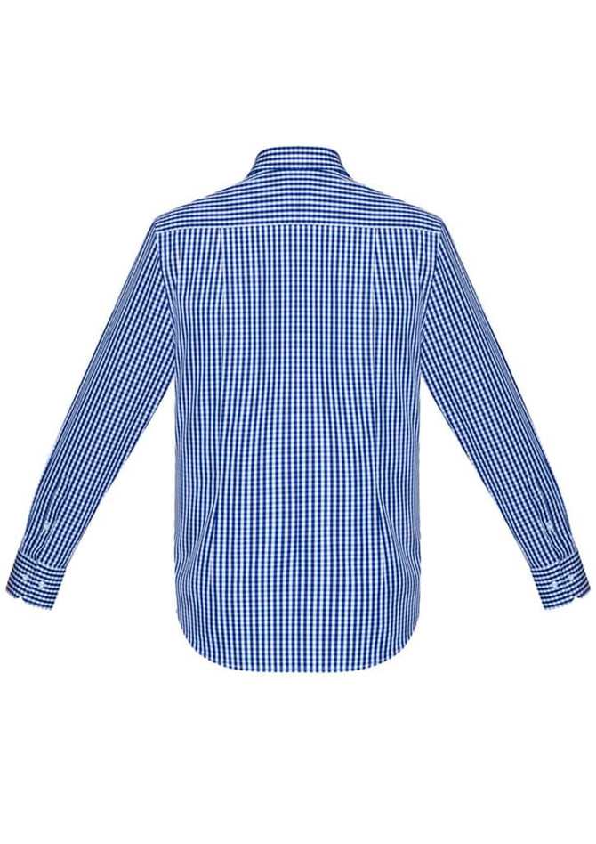 A back view of a men's long sleeve shirt in blue and white gingham check pattern, featuring a collar and button cuffs.