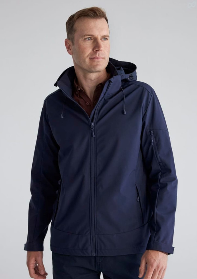 A navy rain jacket with a hood, featuring zippered pockets and a subtle logo.